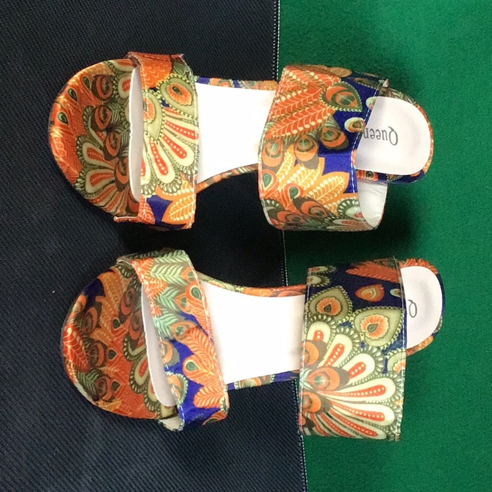 Queen Shoes orange, green and blue print high heel shoes